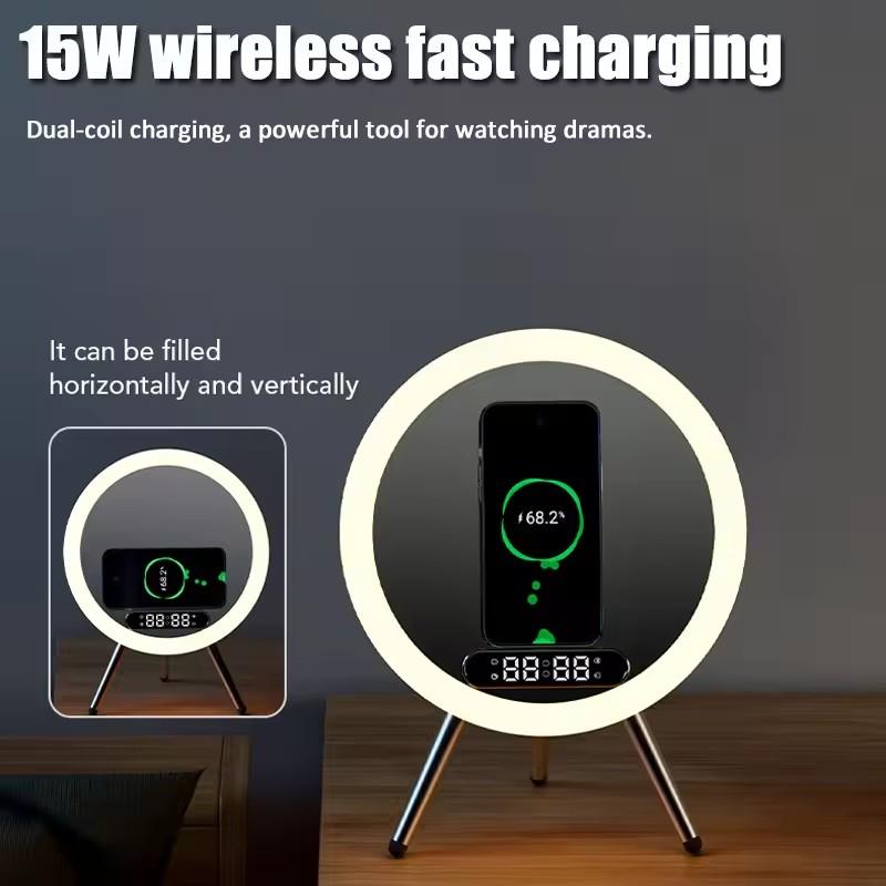 Умная Bluetooth-колонка Беспроводная зеркальная звуковая коробка Настольный будильник со светодиодной ночной подсветкой TF Музыкальный плеер 15 Вт Беспроводное зарядное устройство