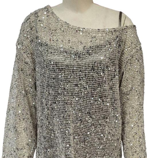 Женские топы с блестящими пайетками, круглым вырезом, длинными рукавами, свободного кроя, пуловеры для офиса, отпуска, вечеринки