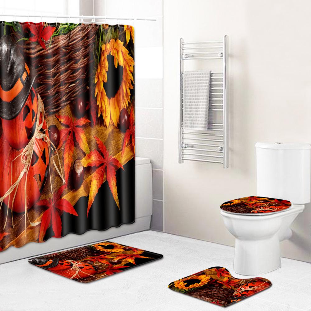 Halloween Series Bathroom Shower Curtain Floor Mat Toilet Cover Foot Mat Four-Piece Set