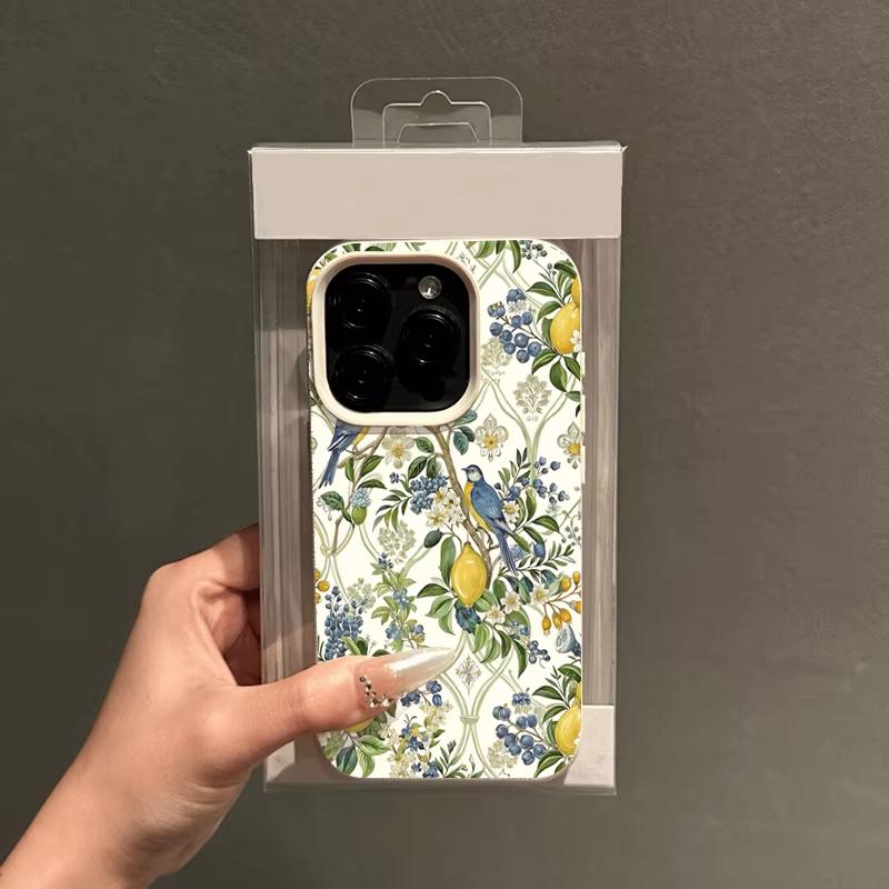 Чехол для телефона со свежим лимонным, птичьим и цветочным принтом для iPhone 17 16 15 14 13 12 11 Серии Pro Max Plus Двойная защита