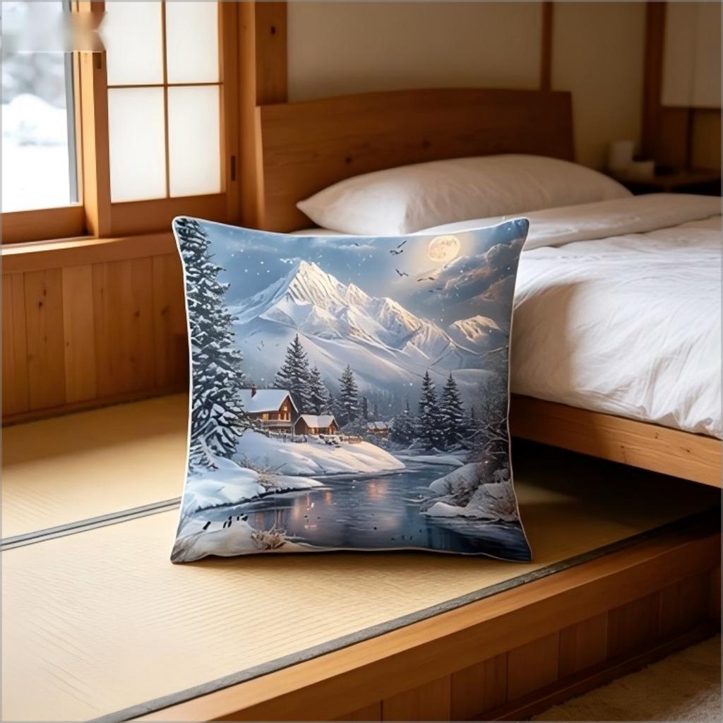 Winter Snow Mountain Cabin Print Throw Pillow Cover, Scenic Landscape Art Decorative Cushion Case For Sofa Bedroom