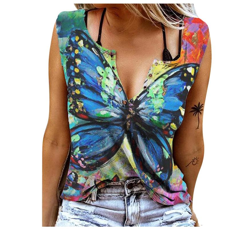 Новые летние женские модные топы повседневные принтованные 9-цветные майки без рукавов(XS-5XL)