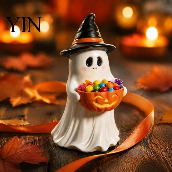 Decorative Figures for Living Room Resin Ghost Statue with Pumpkin Candy Bowl Halloween Table Decor, Small Figurines Bedroom Cute Desktop Organizer