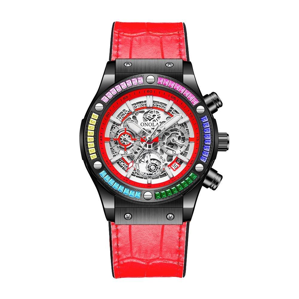 ONOLA Fashion Leather Unique Diamond Timing Watch Men's Multi Functional Cool Night Light Quartz Sports Watch Reloj Hombre