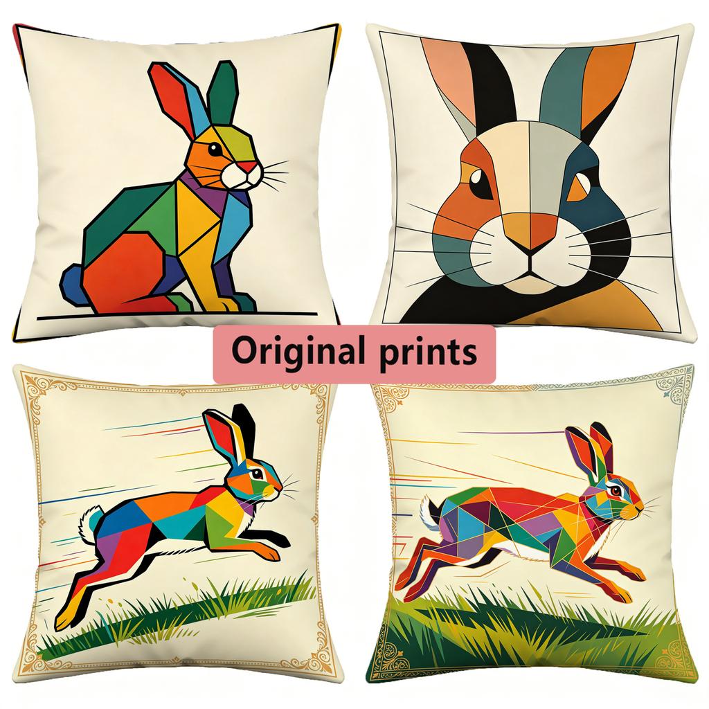 Geometric Colorful Rabbit Print Throw Pillow Covers Pattern Cushion Cover Suitable For Sofa Bedroom Car Pillow Cover