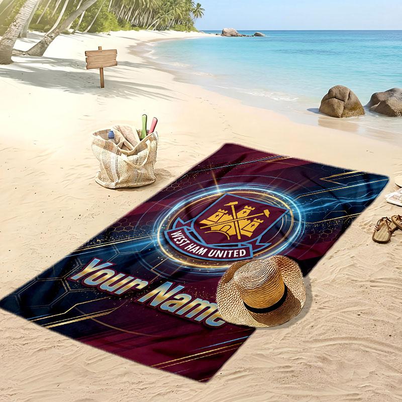 West Ham United FC Personalized Printed Beach Towel Soccer Logo Support Custom Name Text Absorbent Towel For Sport Travel Special Gift