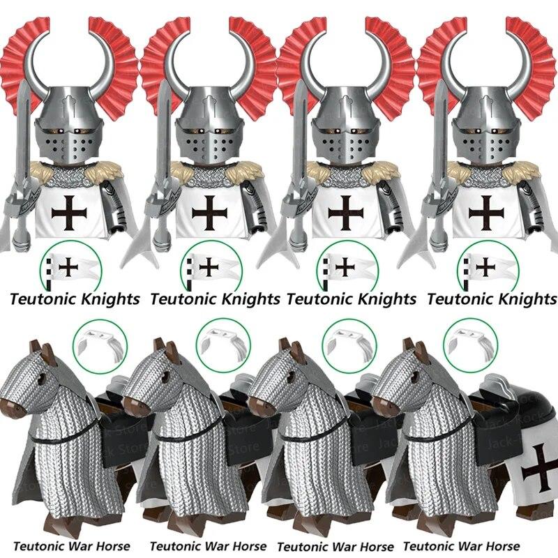 Военные строительные блоки Средневековые фигурки солдат Рыцари Иерусалима Крестовые походы Война роз Боевой конь Оружие Щит