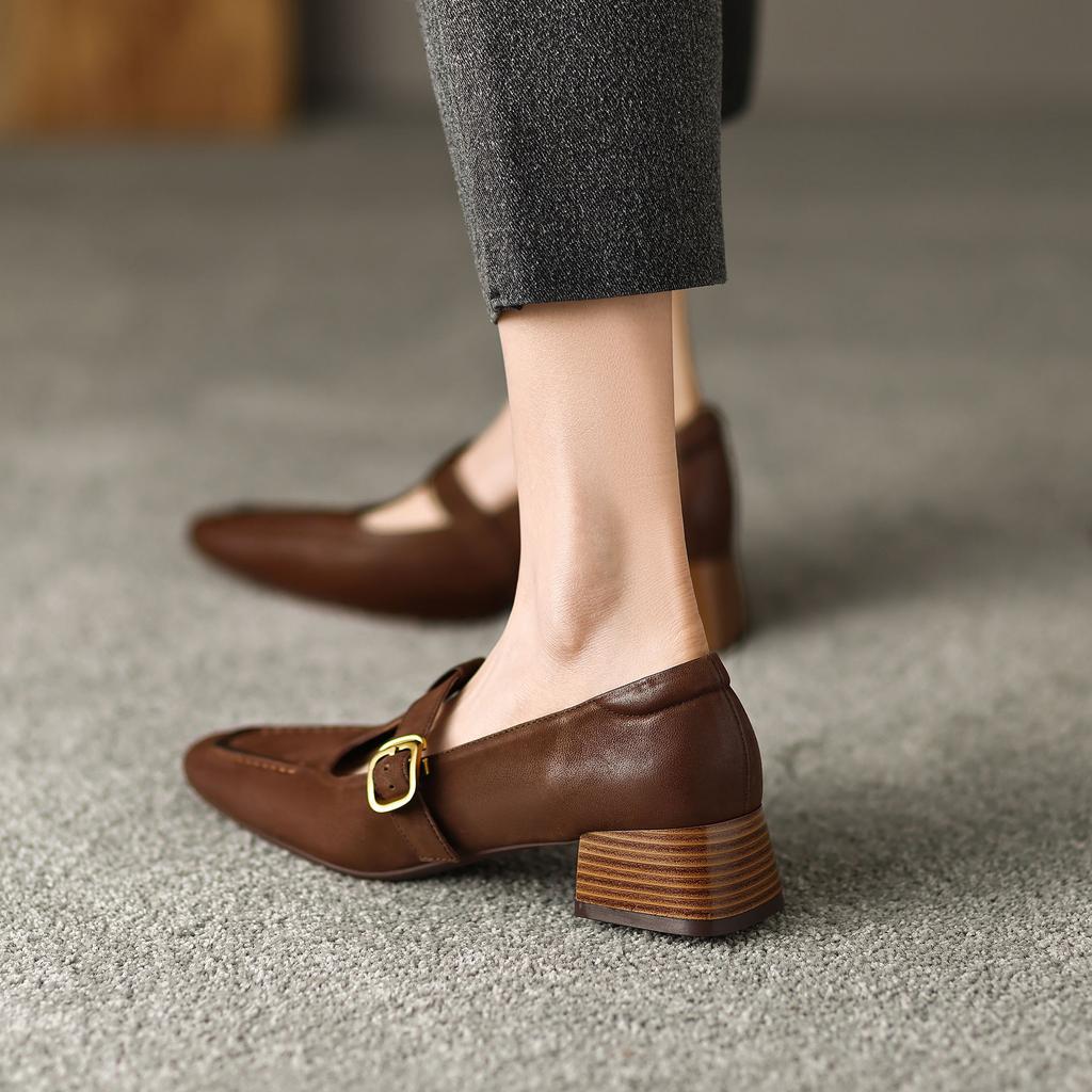 Krazing Pot Sheep Suede Square Toe Chunky Med Heels Summer Shoes Buckle Straps Women Pumps