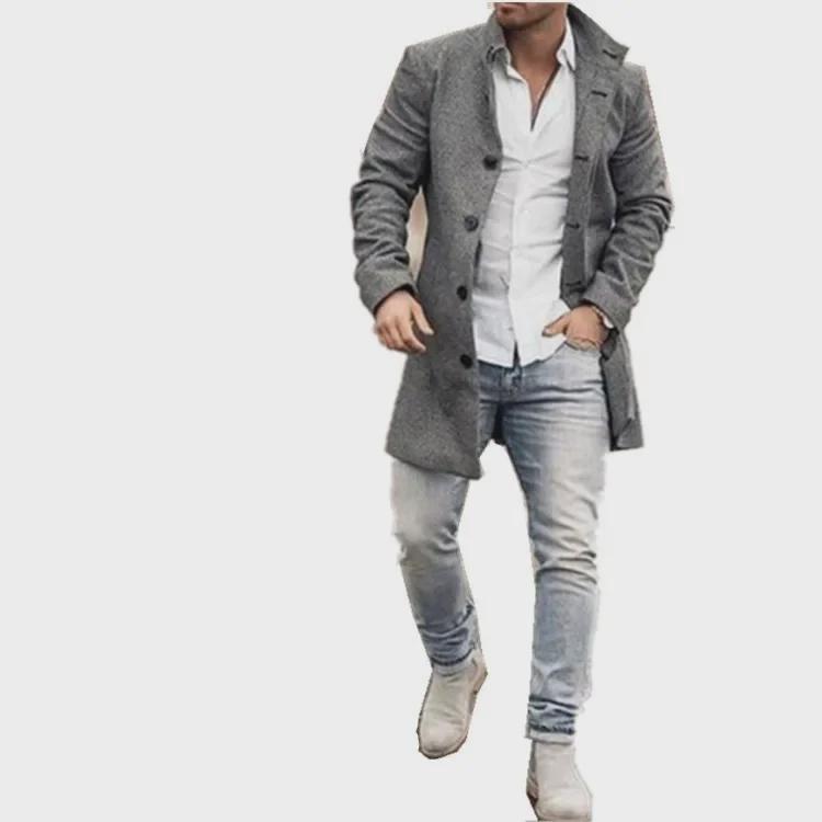 Мужское шерстяное пальто средней длины с воротником-стойкой в европейском и американском стиле — повседневный дизайн на осень и зиму с карманами.