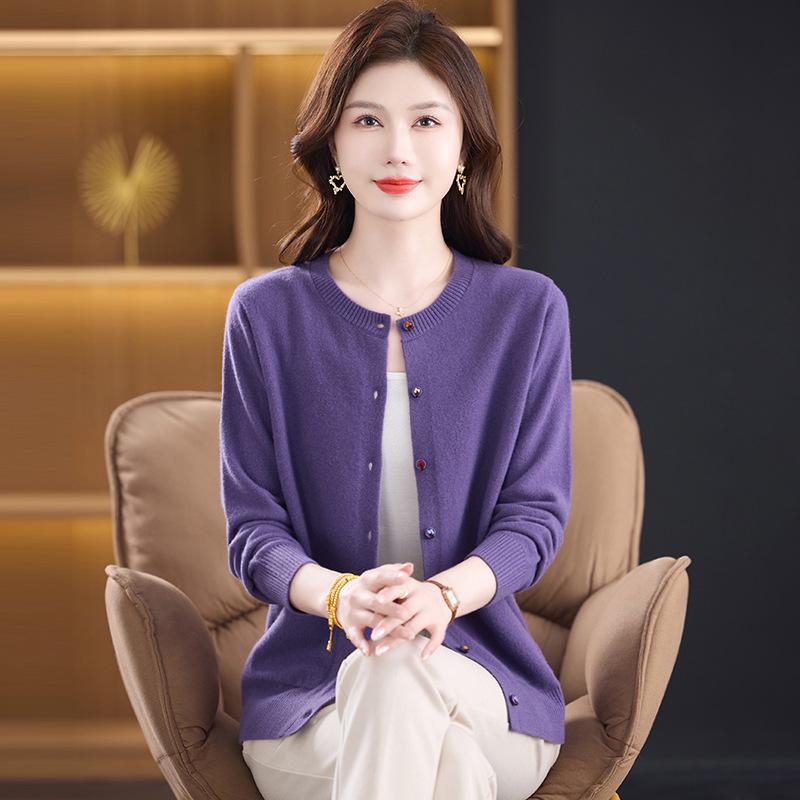 Женский кардиган из 100% чистой шерсти - Новый осенне-зимний свитер с круглым вырезом для мамы