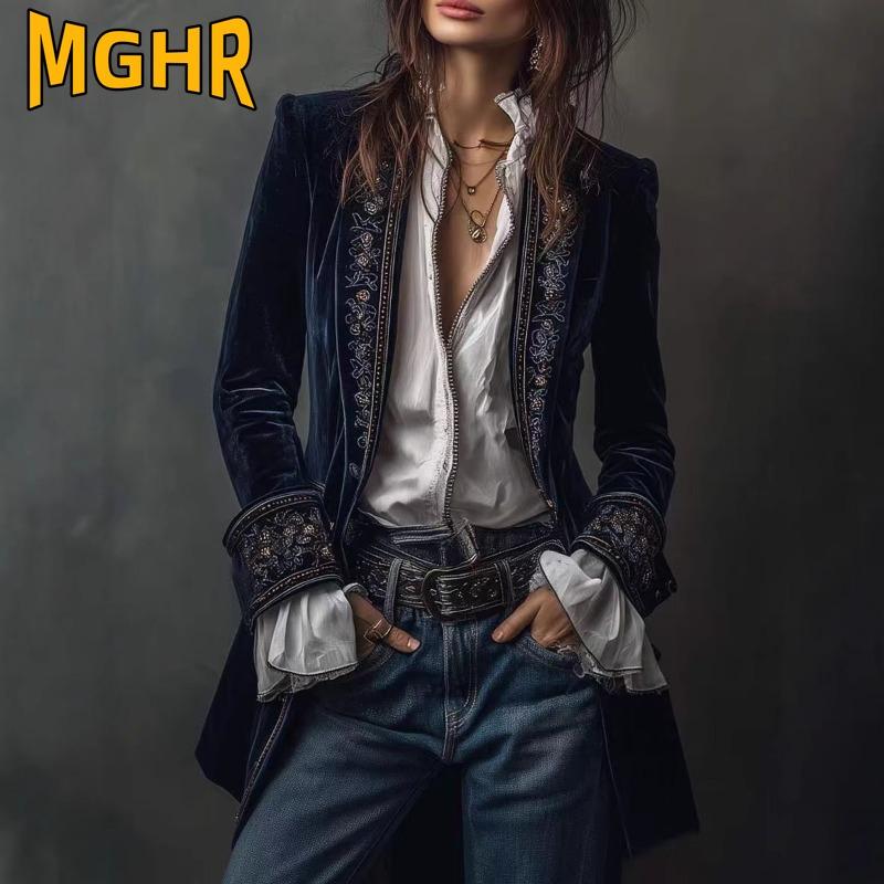 MGHR Женские винтажные повседневные однотонные куртки и пальто с длинными рукавами на осень и зиму с принтом