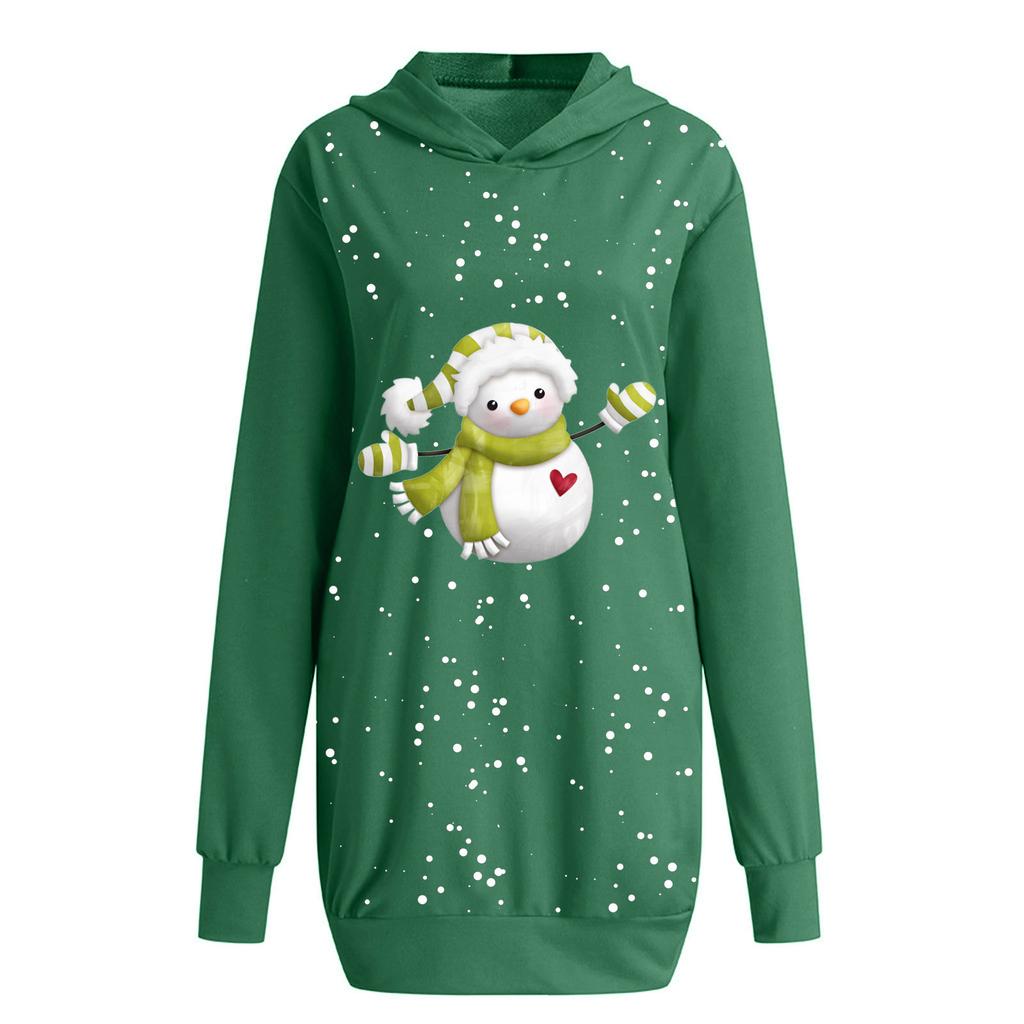 Women's Fashion Christmas Snowman Hoodie Bag Hip Pocket Print Hoodie Dress