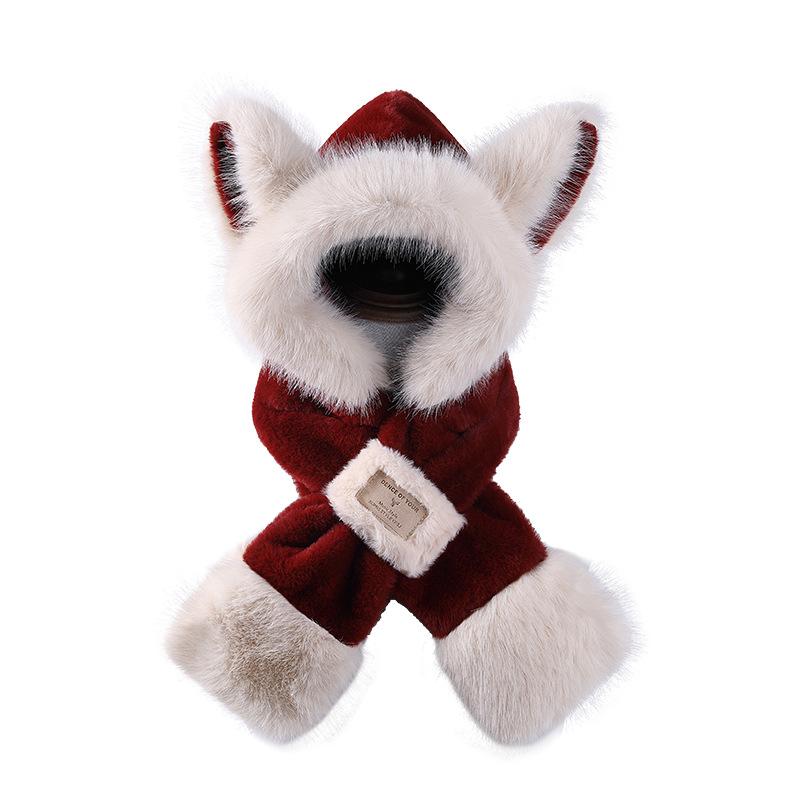 New Christmas plush thermal hat cute bear hat scarf winter women's outdoor thickened hooded scarf integrated