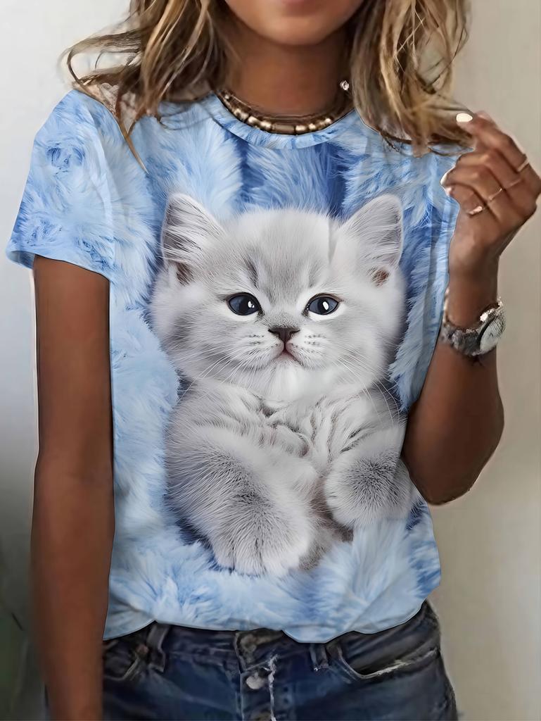 Женский летний модный топ с коротким рукавом Sweetwear Милый принт с рисунком кошки Повседневный наряд для свидания Футболки Женские футболки Одежда Женская