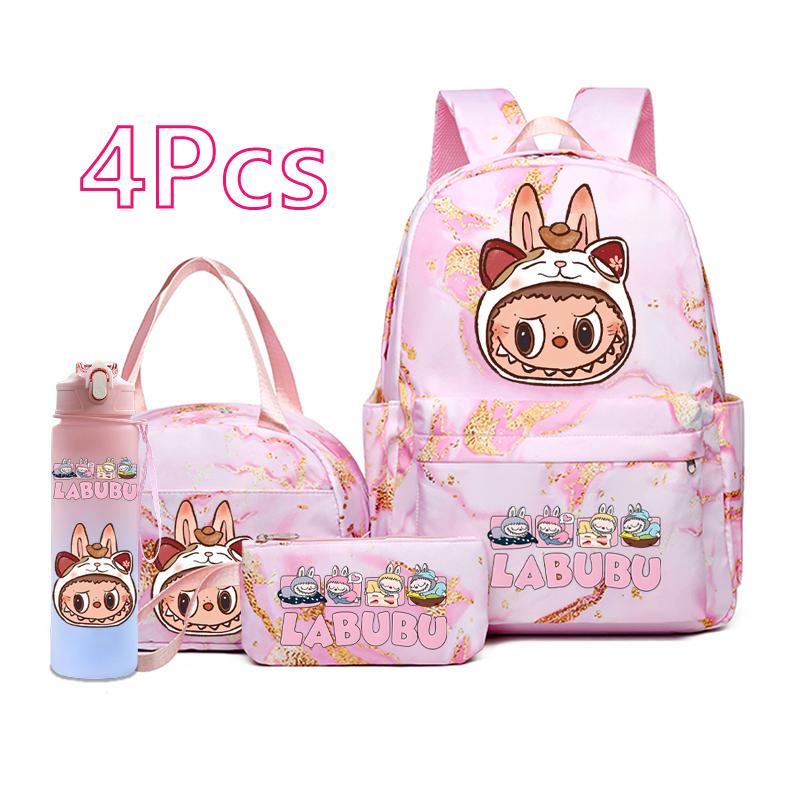 4Pcs/set Cute Anime Printed Backpack Lunch Bag Pencil Bag 750Ml Water Bottle Girl Student Large Capacity Waterproof Schoolbag