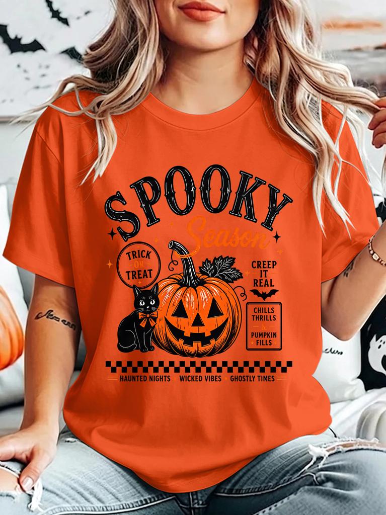 Spooky Season Pumpkin Black Cat Unisexs Crew Neck Short Sleeve T Shirt Retro Halloween Trick Or Treat Graphic Tees For Ladies