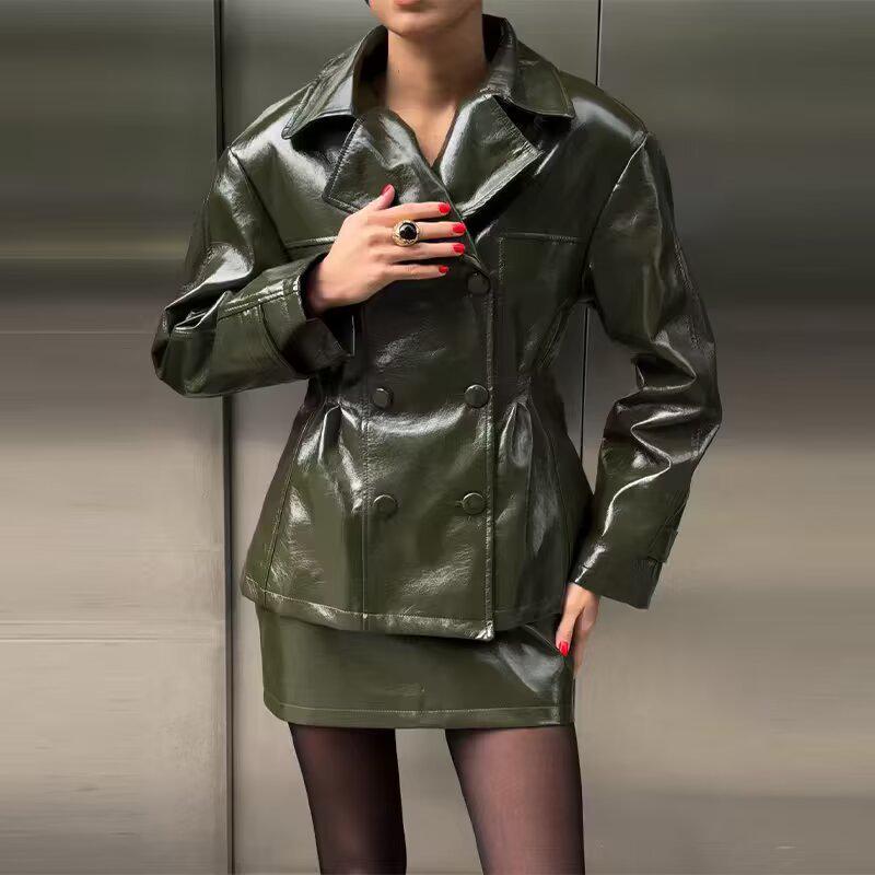 Women's Street Style Leather Suit: Double-breasted Waist-cinching Jacket & A-line Skirt Set