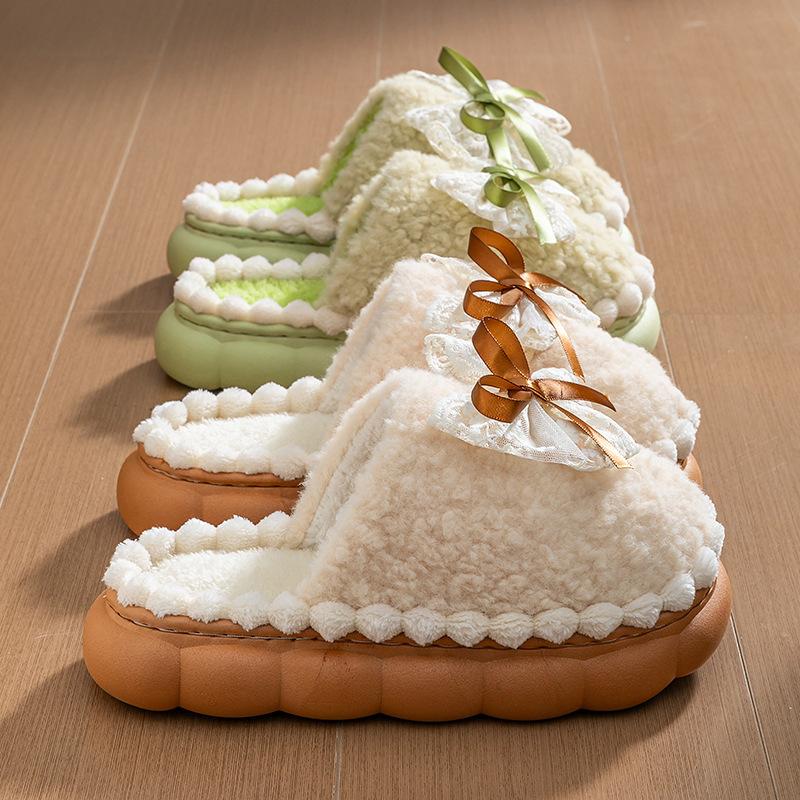 Кэмпус стиль сочетание цветов хлопковые тапочки бант осень и зима пух швабра для дома вельвет толстая подошва термо хлопковые тапочки
