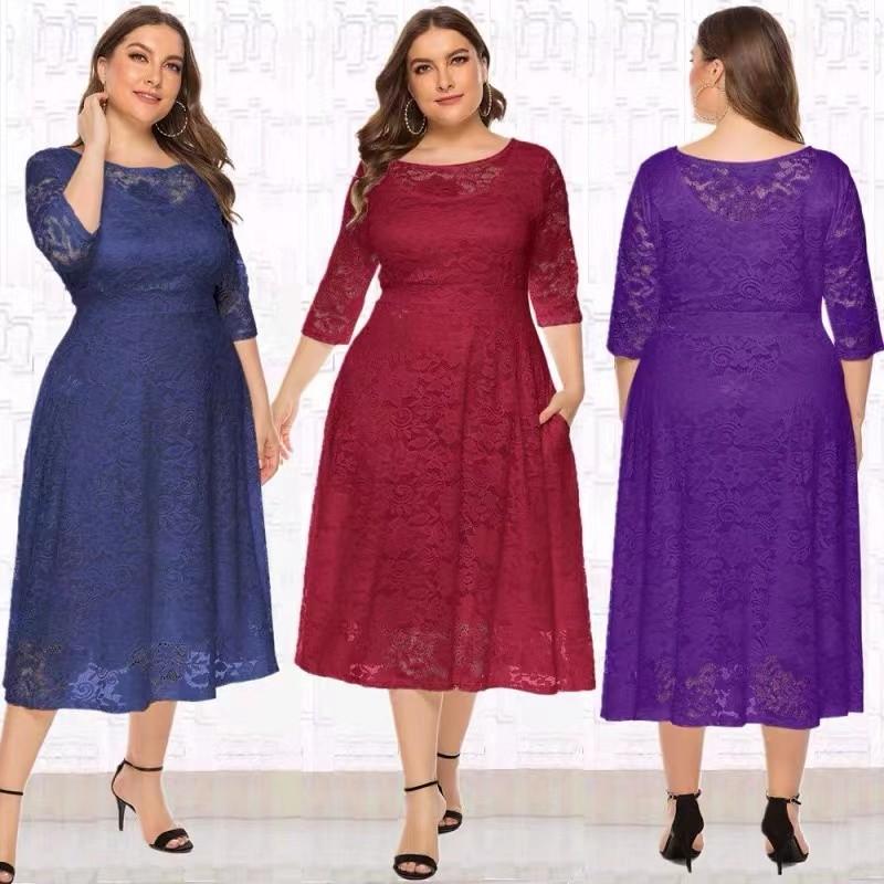 Плюс Размер Xl-6xl Новое модное популярное вечернее платье средней длины Полые кружевные женские платья Красная, белая, черная, синяя, зеленая одежда