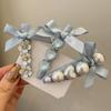 Корейская новая светло-голубая заколка для волос с бантом, с жемчужными стразами, минималистичный дизайн, зажим-уточка, аксессуары для волос, трендовые заколки для девочек