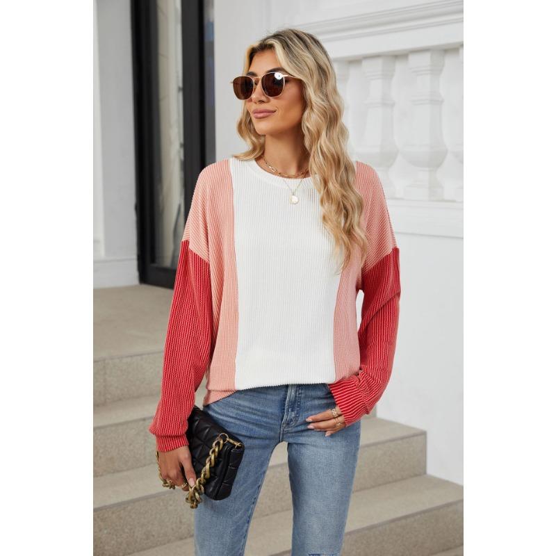 Осенняя женская блузка с круглым вырезом, свободный пуловер с длинным рукавом