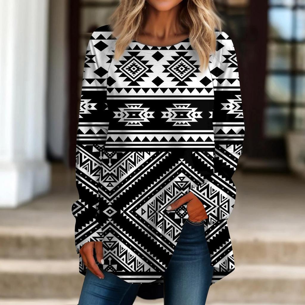 Женская повседневная футболка больших размеров с длинными рукавами и круглым вырезом в стиле ретро с принтом, верхний пуловер