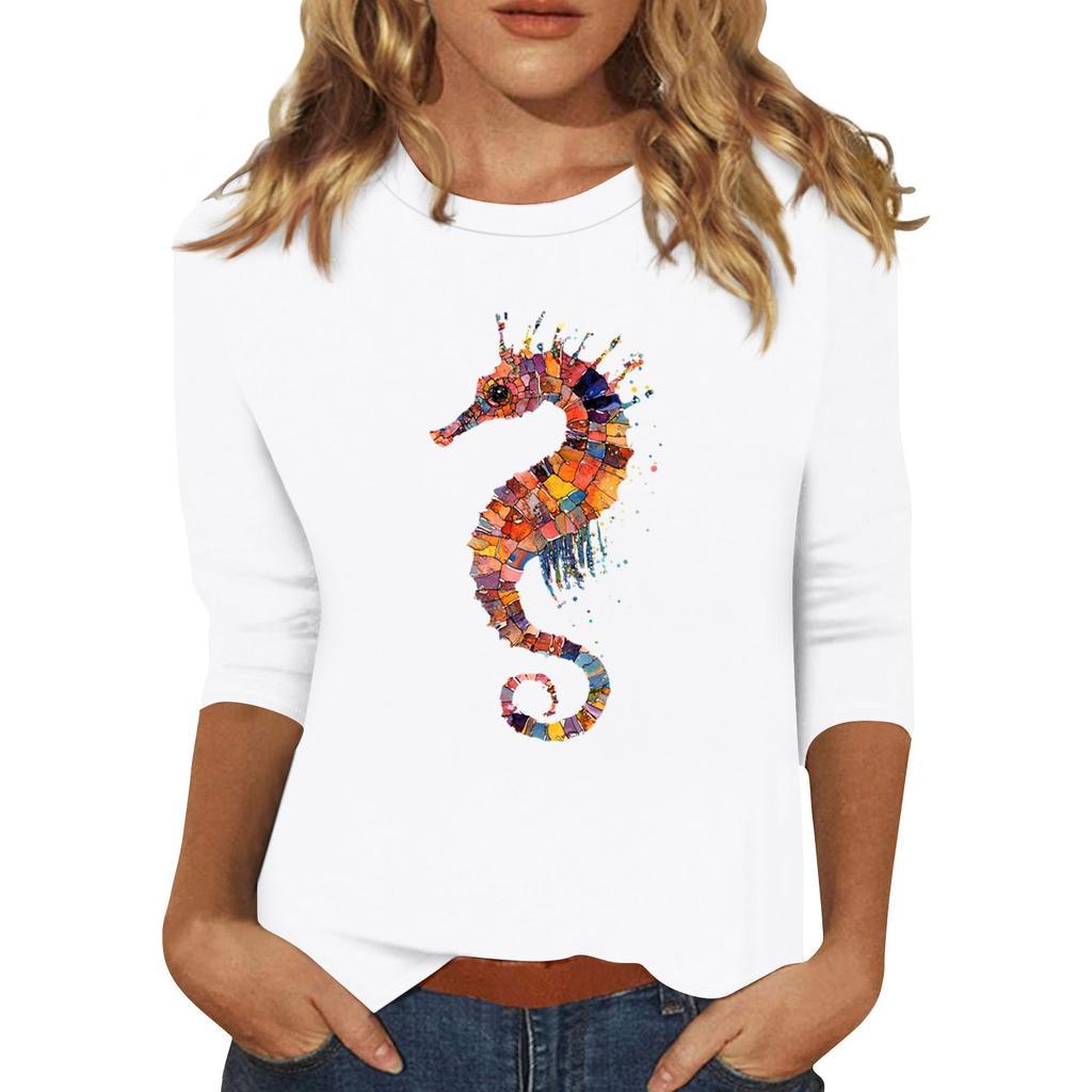 Женская мода повседневная три четверти рукава гиппокамп печать круглый вырез пуловер топ
