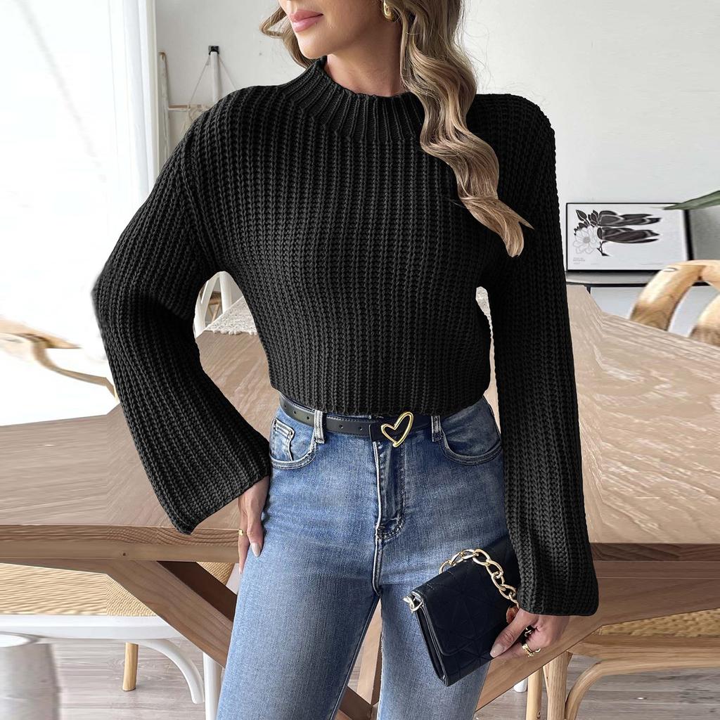 Women's Autumn And Winter Short Knitted Sweater With Flared Sleeves And A Half High Collar Pullover Sweater