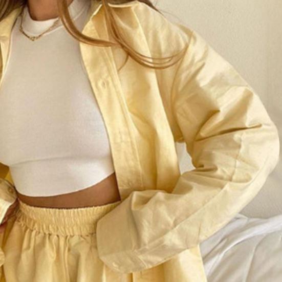 Женский наряд, вертикальные полосы, высокая талия, двухсекционная рубашка с длинными рукавами и лацканами, карманы, шорты для вечеринки