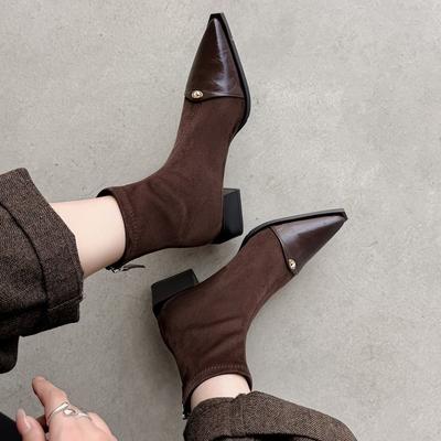 Женские ботинки 2025 осень и зима новые остроносые на толстом каблуке эластичные ботинки на среднем каблуке короткие ботинки интернет-знаменитость тонкие ботинки темперамент ботинки Мартин