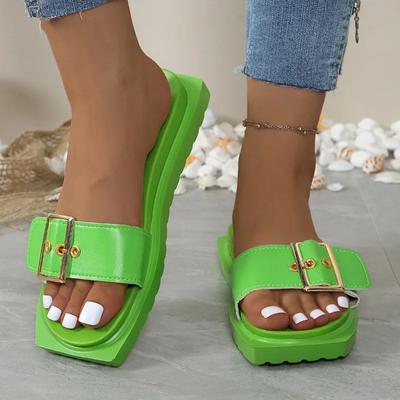 Модная женская обувь, горячая распродажа, женские тапочки с квадратным носком, летние, с открытым носком, с пряжкой, однотонные, на плоской подошве, повседневные, пляжные, большого размера, удобные тапочки