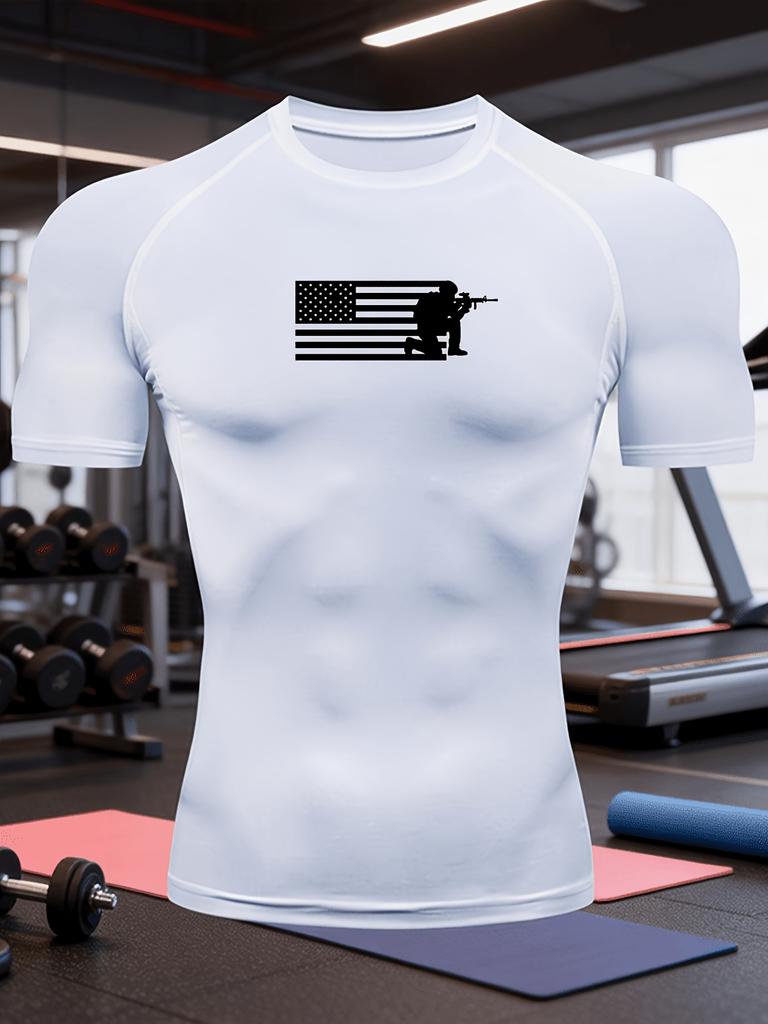 Men's White American Flag Shooter Silhouette Compression T-Shirt Tactical Print Quick Dry Gym Workout Top