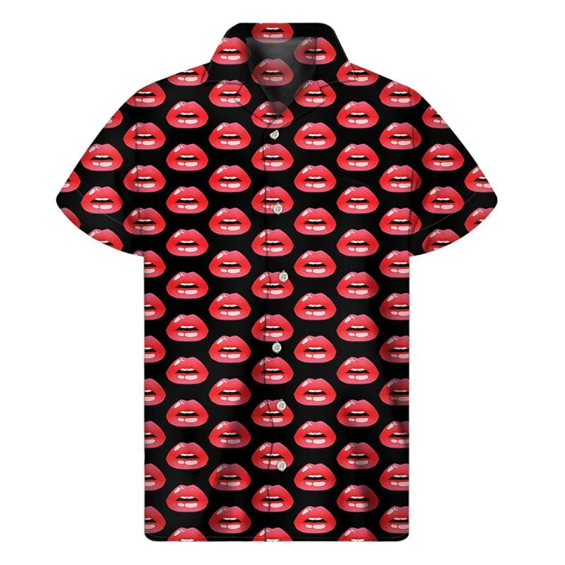 Fashion Red Lips 3D Printed Shirt Men Women Summer Vacation Loose Short Sleeves Hawaiian Tee Shirts Button Lapel Aloha Blouse
