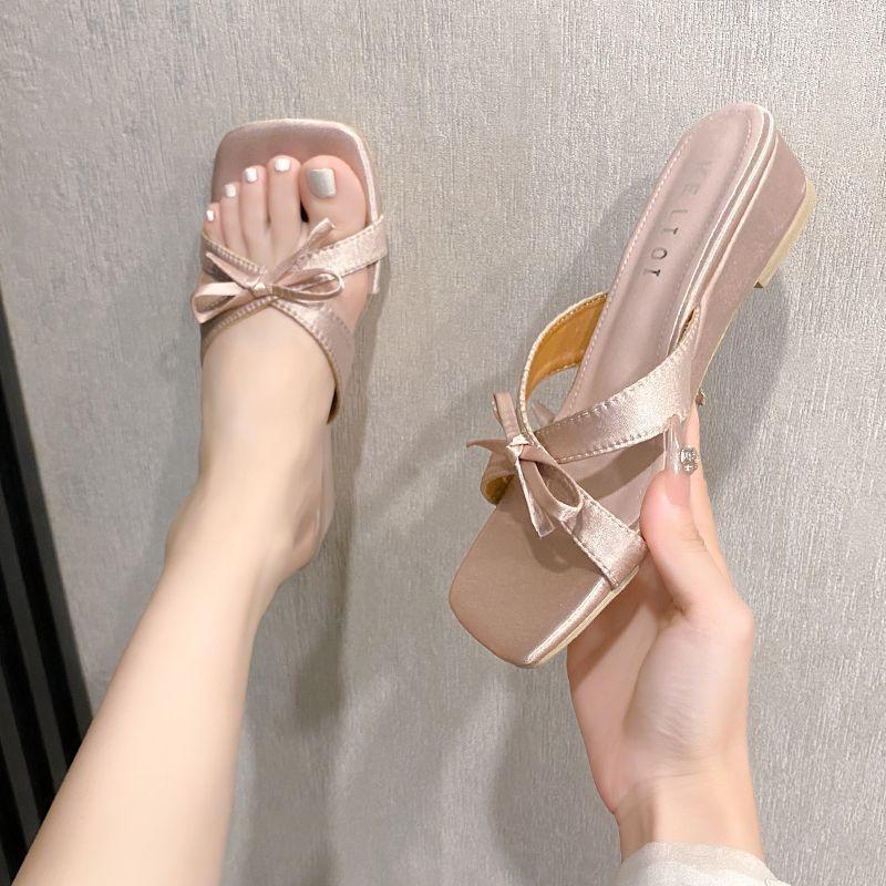 Beautiful Bow Fairy Wind Empty Wedge Heel Sandals 2025 Summer French Square Head Open-toed Cool Slippers Female