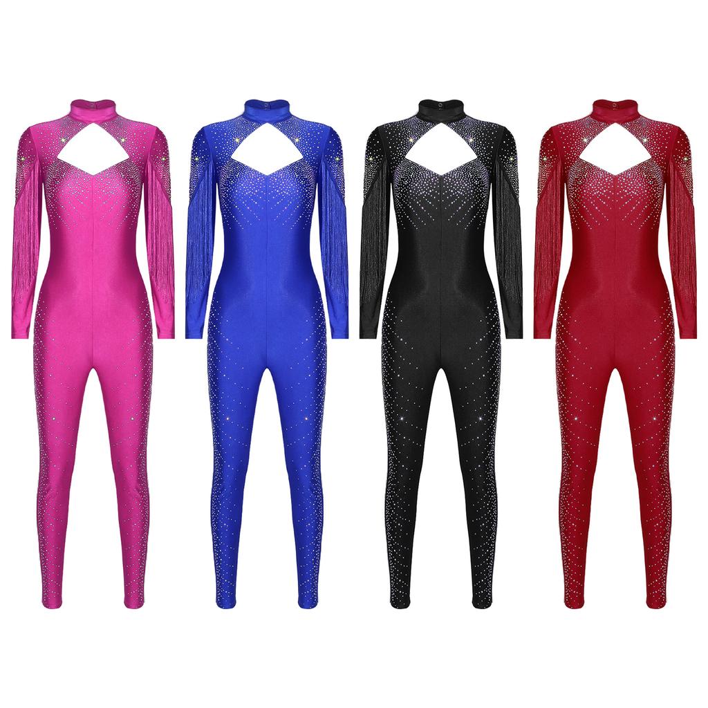 Womens Figure Skating Jumpsuit Glittery Rhinestone Long Sleeve Tassel Front Design Hollow Out Back One Piece Romper