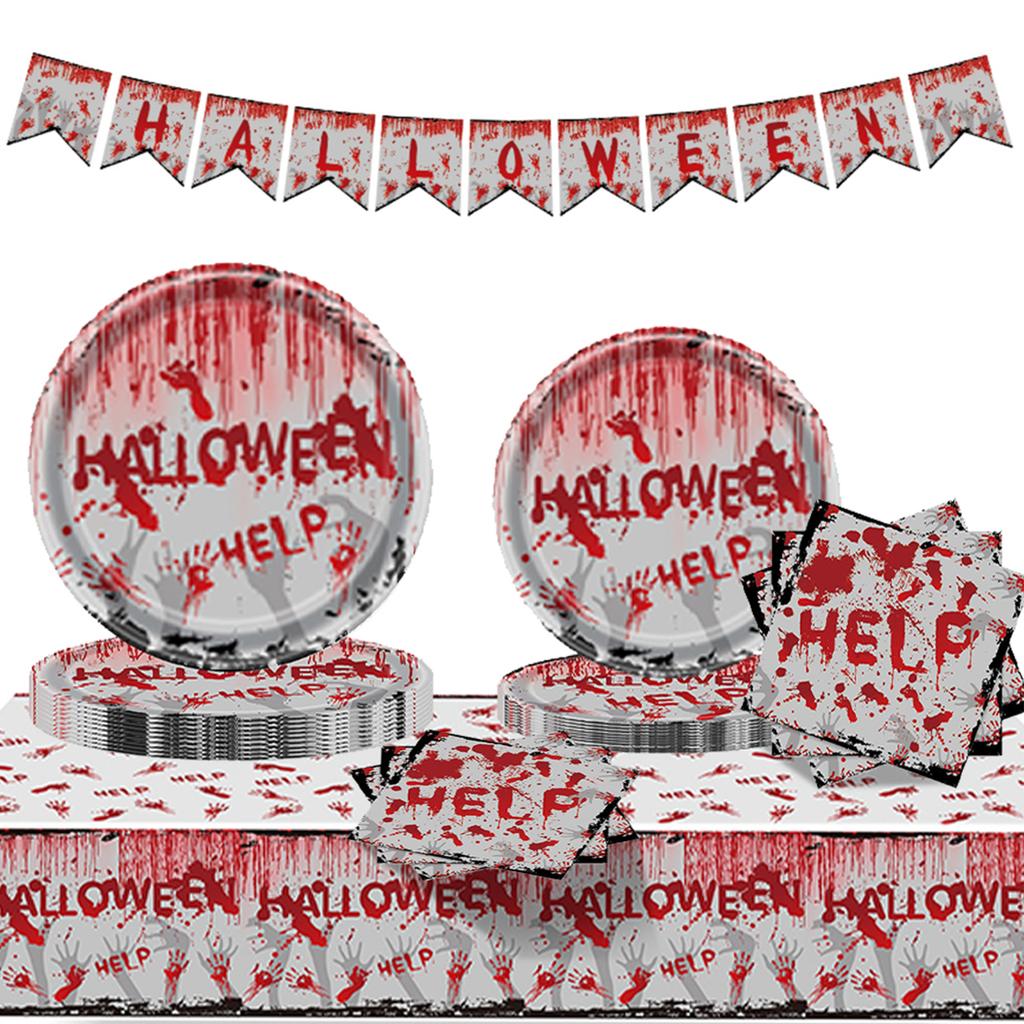 9-Piece Scary Bloody Hand Print Disposable Tableware Set Halloween Scary Decorations For Bloody Good Time (Serves 16)
