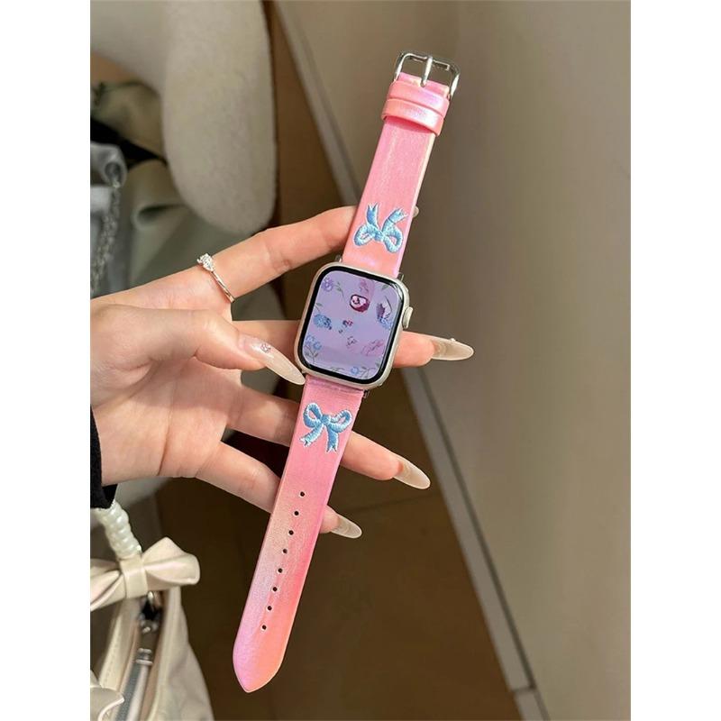 Ремешок для часов с милой вышивкой бантом Aurora кожаный ремешок для Apple Watch ремешок 8 49 9 7 SE 6 для iWatch 45 42 44 40 MM Girl Lovely Bracelet