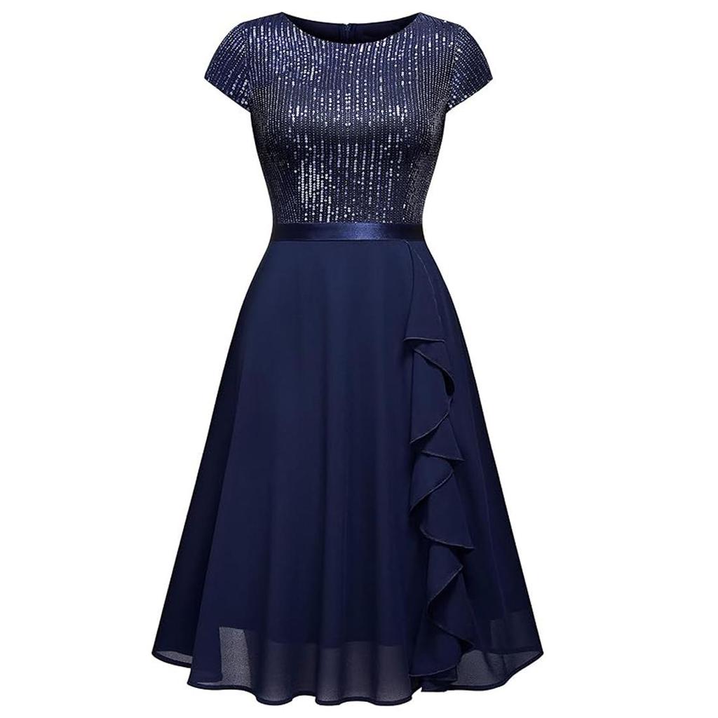 Women's Swing Dresses Sequin Round Neck Short Sleeves A Line Dress Chiffon Skirt Cocktail Party Evening Wedding Guest Outfits Bridesmaid Wear