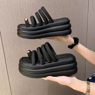 Модные сандалии на толстой подошве женские новые с открытым носком черные бежевые шлепанцы сандалии 7 см летние женские римские пляжные на платформе каблуки женские слайды