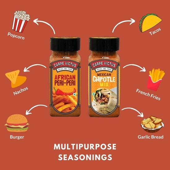 Carpe Victus Popcorn Seasonings Combo, Peri Peri, Chipotle Powder Masala, Smoky Barbeque and Mexican Salsaf 4, 100gm each)