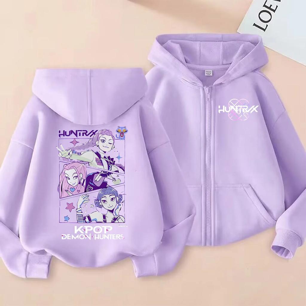KPop Demon Hunters Zipper Hoodie Cartoon Girls Coat Fashion Thin Clothes Purple Autumn Hoodie Jacket Kids Anime Sweatshirt Gift