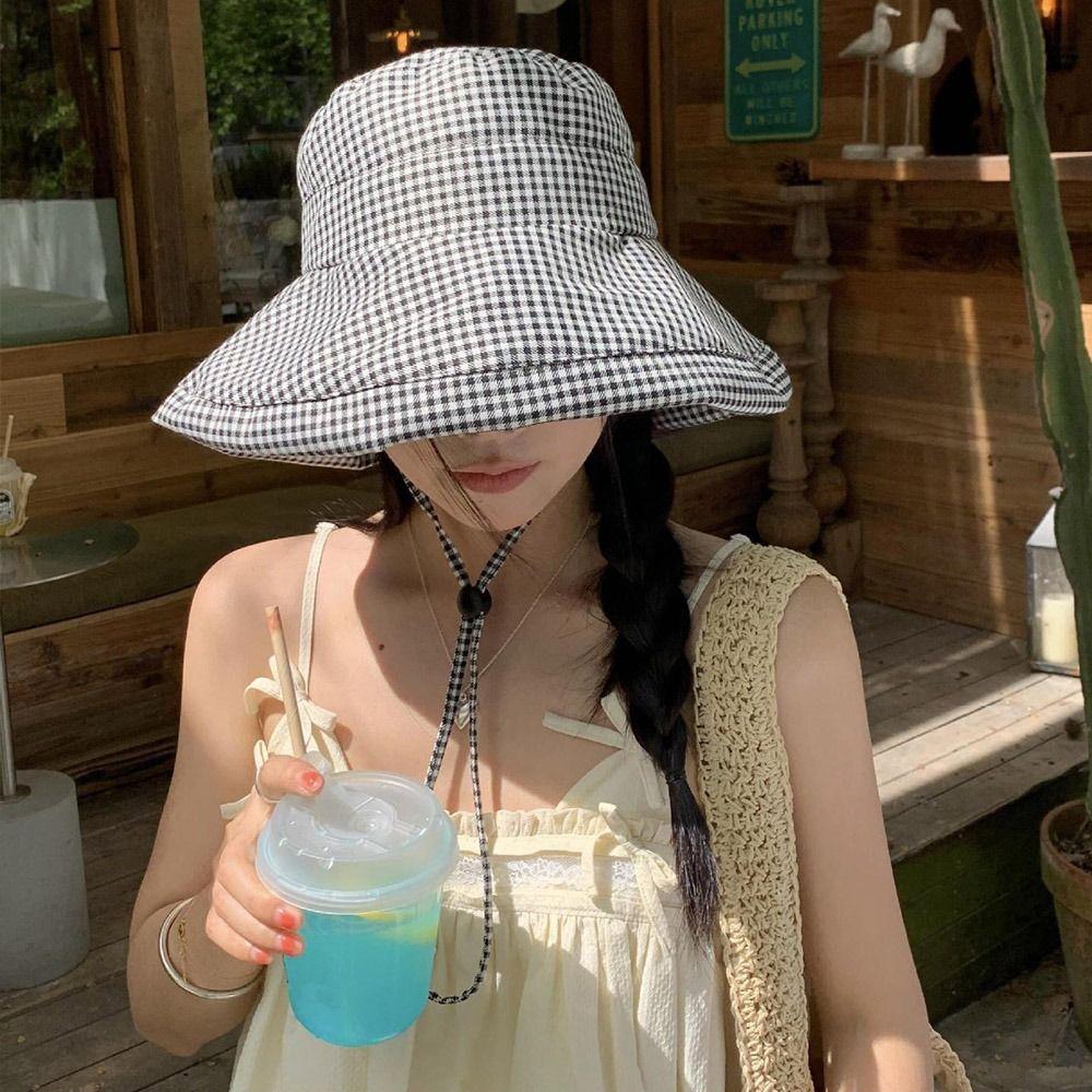 Casual Plaid Sun Hats Summer Fisherman Hat Fashion Drawstring Bucket Hats  Outdoor