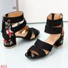 Fashion Black Embroidered Mid-heel Sandals Women Summer All-match Thick Heel Elegant Retro Open Toe Embroidered Shoes Women Sandalen