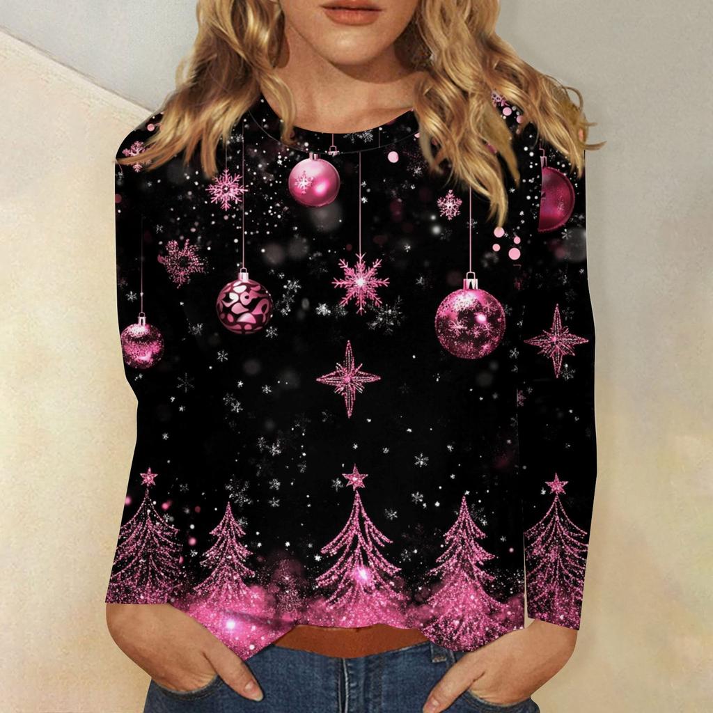 Long Sleeve Shirts For Women Cute Print Graphic Tees Blouses Casual Plus Size Basic Tops Pullover Christmas