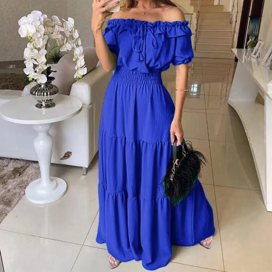 Women's Summer Off Shoulder Ruffle Maxi Dress Short Sleeve High Waist A-Line Dress Flowy Beach Long Dress