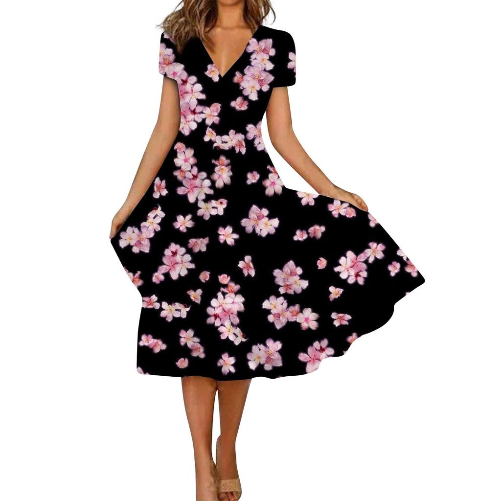 Women's Summer Casual Fashion Floral Print Short Sleeve V-Neck Swing Dress