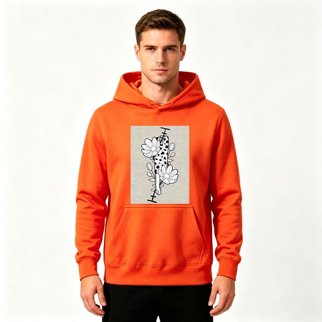 Men's Cow Print Floral Art Print Casual Pullover Hoodie Soft Long Sleeve Hooded Sweatshirt
