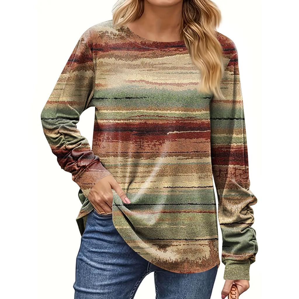 Women's Fashion Casual Long Sleeve Print Round Neck Pullover Top Blouse