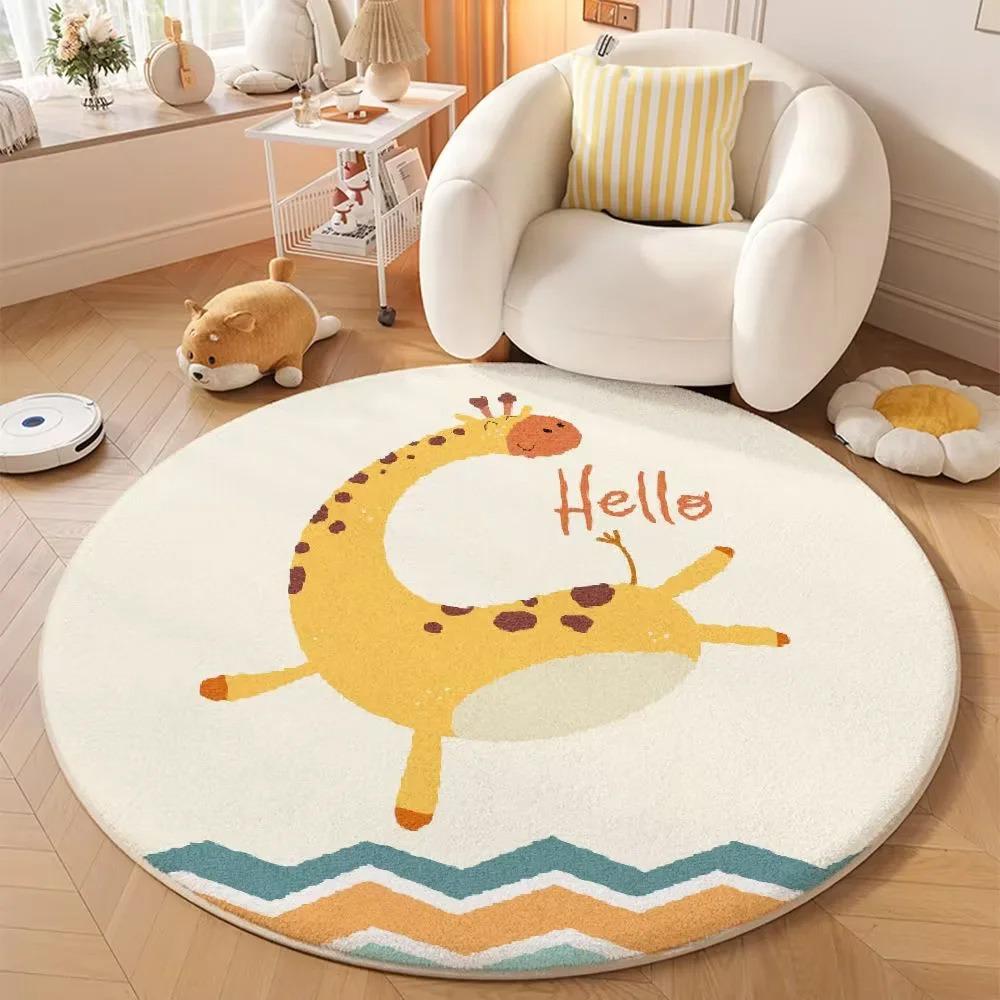 Round Cute Animal Pattern Area Rug with Lion Koala and Elephant Designs Soft Non-Slip Carpet for Kids Bedroom Living Room Decor