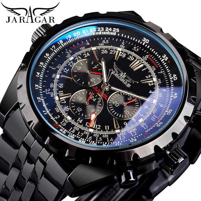 Jaragar Blue Glass Design Черные Серебряные автоматические часы из нержавеющей стали Часы с датой Светящиеся мужские деловые механические наручные часы